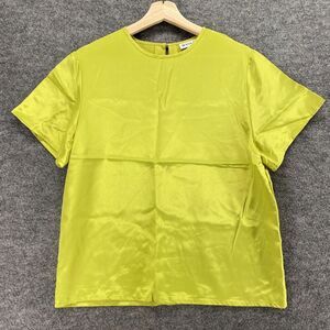 Hana Sung Blouse Women M Medium Green Crew Neck Hook & Eye Short Sleeve Casual